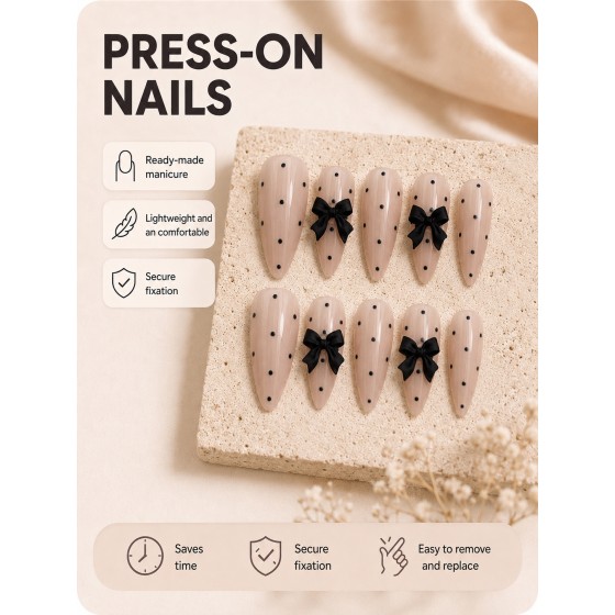 Nude Polka‑Dot Press‑On Nails with 3D Black Bows, Medium‑Long Almond Nails Elegant Luxury False Nails